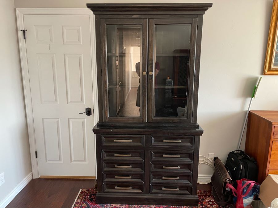 Black 10-Drawer Cabinet With Glass Front Shelving Hutch 44W X 19.5D X 81H [Photo 5]