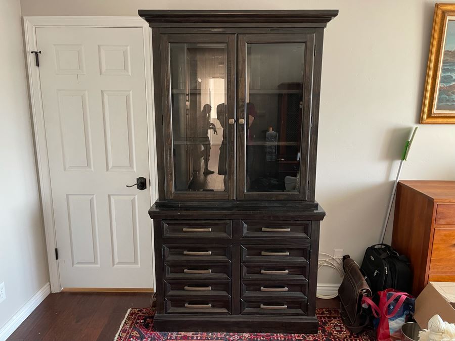 Black 10-Drawer Cabinet With Glass Front Shelving Hutch 44W X 19.5D X 81H [Photo 3]