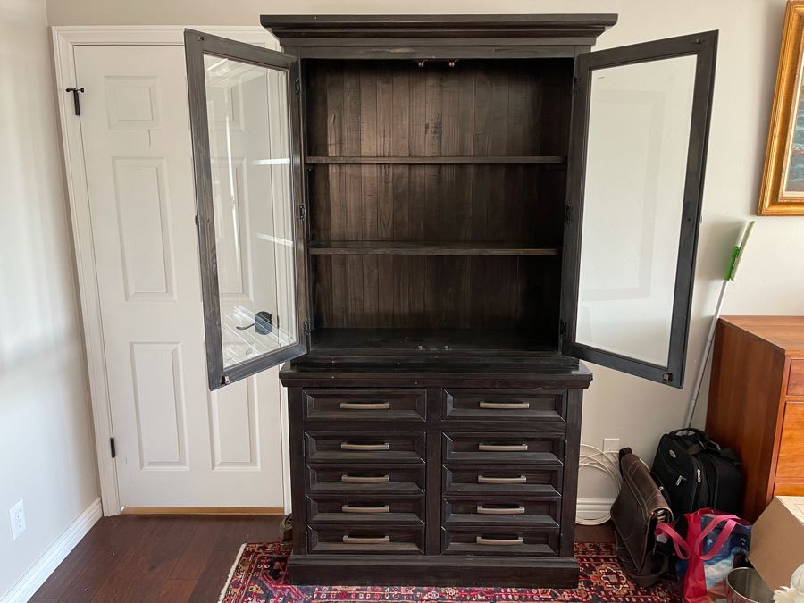 Black 10-Drawer Cabinet With Glass Front Shelving Hutch 44W X 19.5D X 81H [Photo 7]