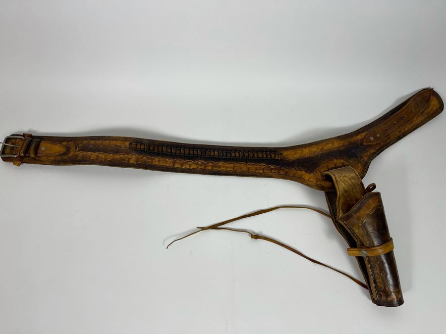 Tooled Leather .22 Caliber Gun Holster Belt Size 38 Made In Mexico [Photo 2]
