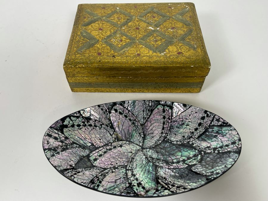 Mother Of Pearl Inlay Dish 7 X 4 And Italian Box 6 X 4.5 [Photo 3]