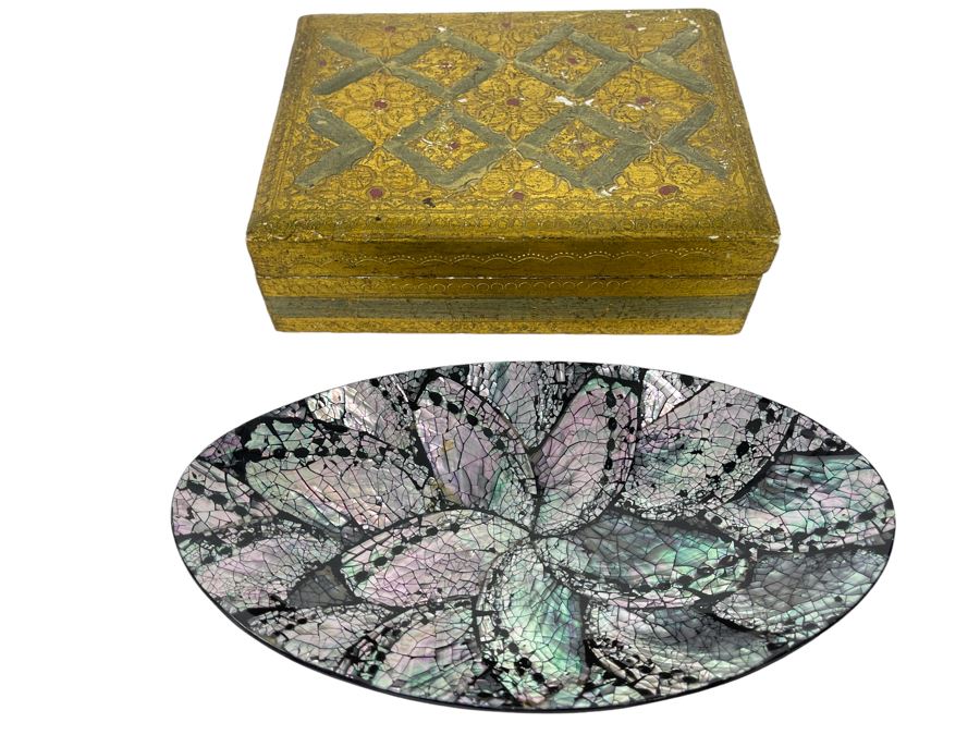 Mother Of Pearl Inlay Dish 7 X 4 And Italian Box 6 X 4.5 [Photo 1]