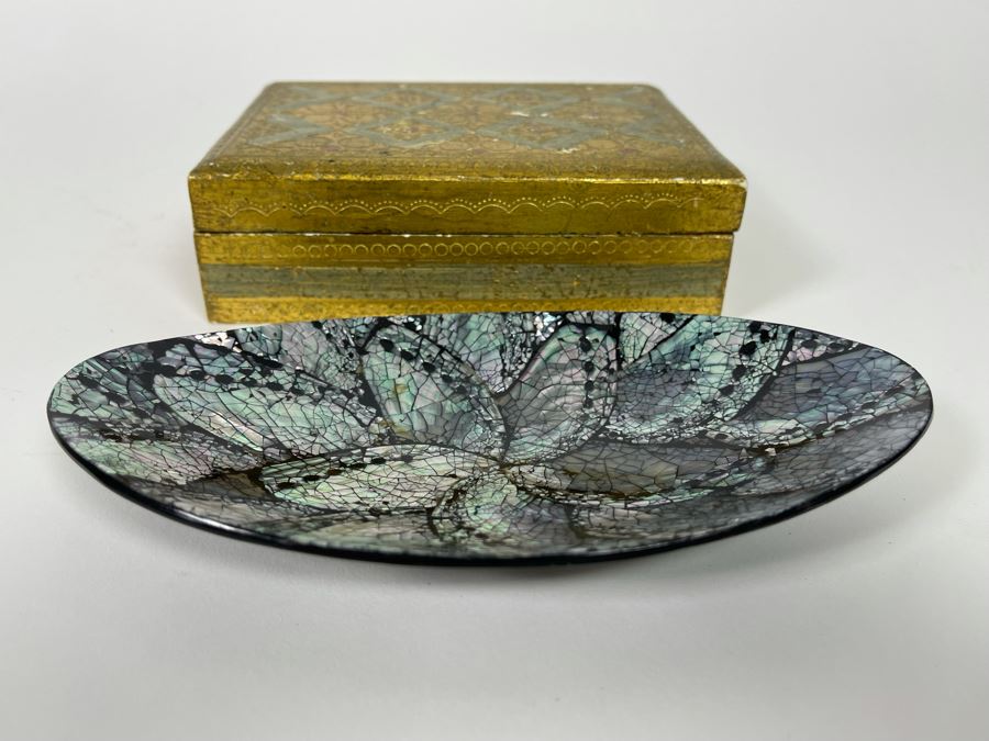 Mother Of Pearl Inlay Dish 7 X 4 And Italian Box 6 X 4.5 [Photo 4]