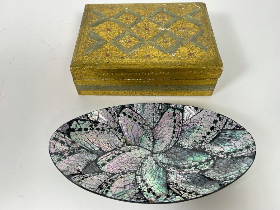 Mother Of Pearl Inlay Dish 7 X 4 And Italian Box 6 X 4.5 [Photo 2]