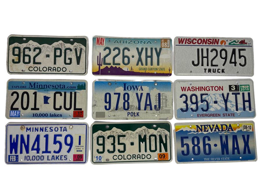Nine License Plates From Various States