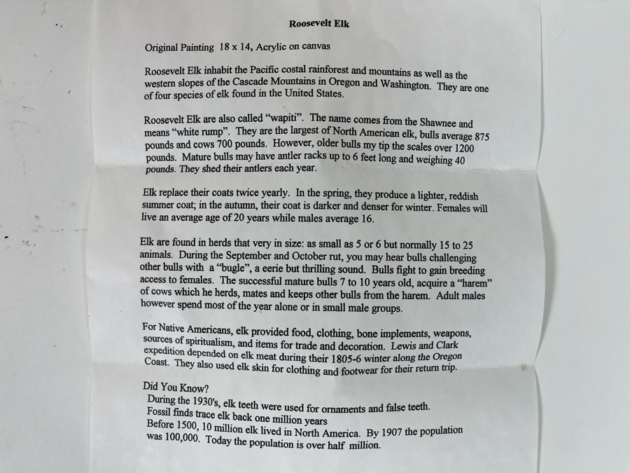 Original Lee Lauritzen Acrylic Painting Framed Titled “Roosevelt Elk” 18 X 14 [Photo 9]