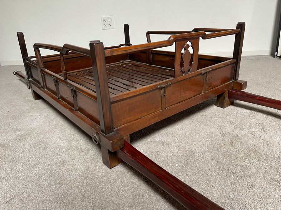 Rare Antique Korean Litter Gama With Slatted Base And Original Poles For Carrying Human - See Photos For Glass Top Used As Coffee Table 41 X 35 (Poles 6'L) [Photo 14]