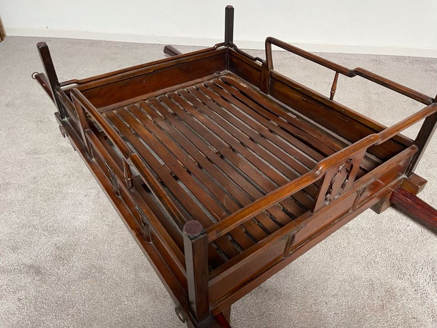 Rare Antique Korean Litter Gama With Slatted Base And Original Poles For Carrying Human - See Photos For Glass Top Used As Coffee Table 41 X 35 (Poles 6'L) [Photo 20]