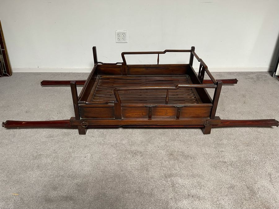 Rare Antique Korean Litter Gama With Slatted Base And Original Poles For Carrying Human - See Photos For Glass Top Used As Coffee Table 41 X 35 (Poles 6'L) [Photo 3]