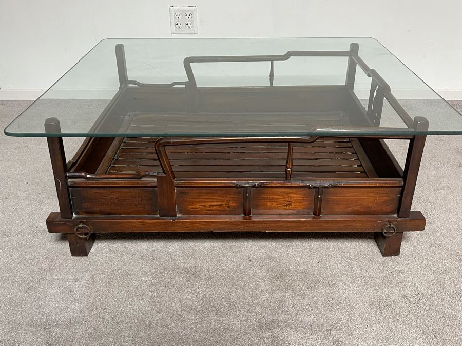 Rare Antique Korean Litter Gama With Slatted Base And Original Poles For Carrying Human - See Photos For Glass Top Used As Coffee Table 41 X 35 (Poles 6'L) [Photo 23]
