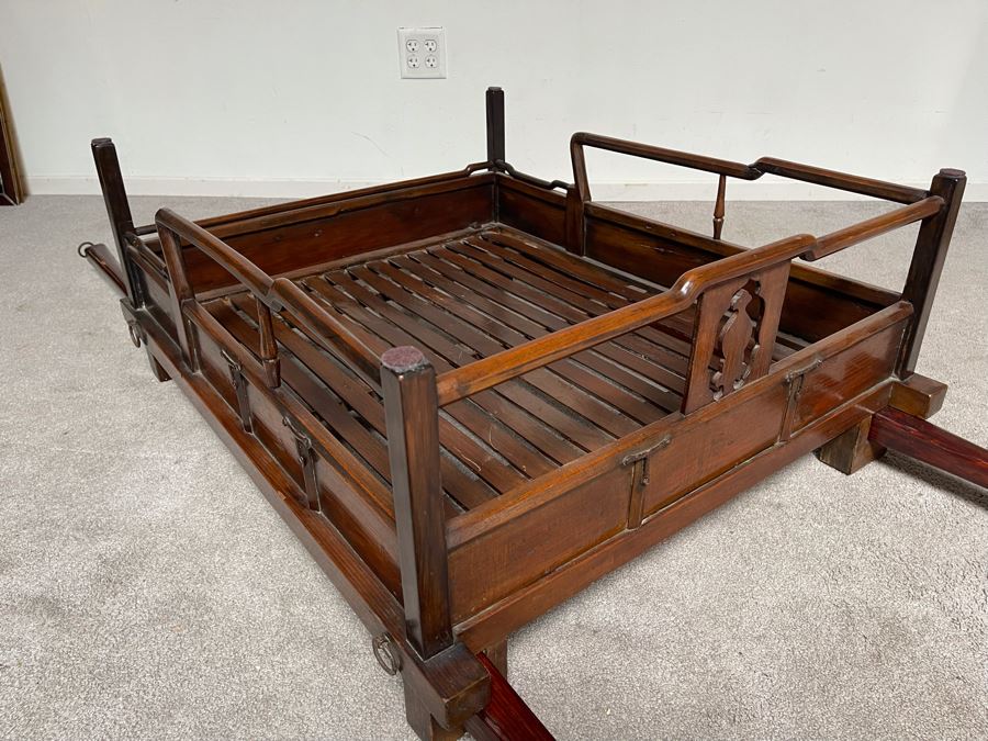 Rare Antique Korean Litter Gama With Slatted Base And Original Poles For Carrying Human - See Photos For Glass Top Used As Coffee Table 41 X 35 (Poles 6'L) [Photo 16]