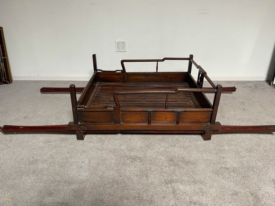 Rare Antique Korean Litter Gama With Slatted Base And Original Poles For Carrying Human - See Photos For Glass Top Used As Coffee Table 41 X 35 (Poles 6'L) [Photo 5]