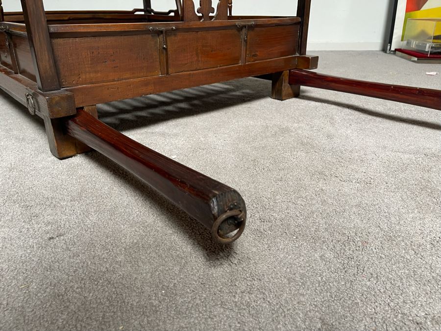 Rare Antique Korean Litter Gama With Slatted Base And Original Poles For Carrying Human - See Photos For Glass Top Used As Coffee Table 41 X 35 (Poles 6'L) [Photo 17]