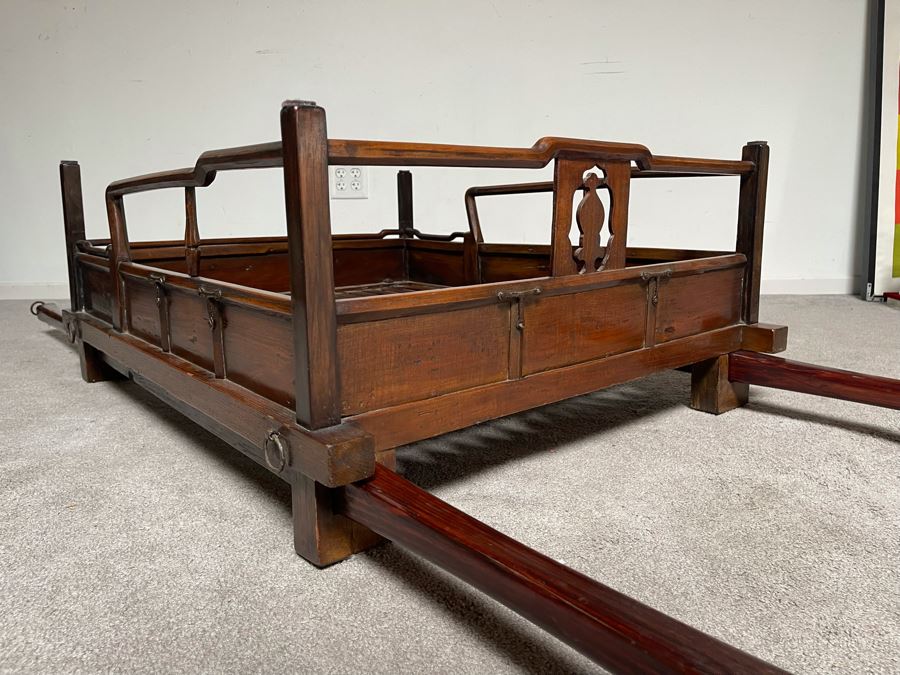 Rare Antique Korean Litter Gama With Slatted Base And Original Poles For Carrying Human - See Photos For Glass Top Used As Coffee Table 41 X 35 (Poles 6'L) [Photo 18]