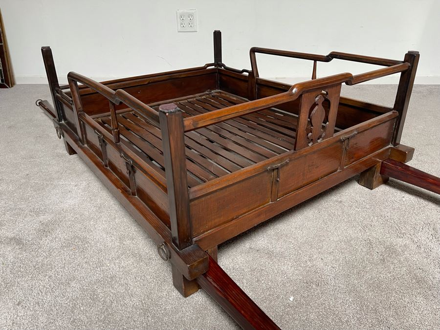 Rare Antique Korean Litter Gama With Slatted Base And Original Poles For Carrying Human - See Photos For Glass Top Used As Coffee Table 41 X 35 (Poles 6'L) [Photo 15]