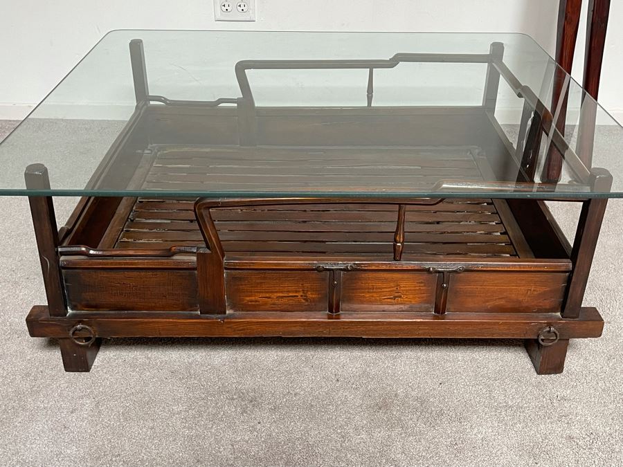 Rare Antique Korean Litter Gama With Slatted Base And Original Poles For Carrying Human - See Photos For Glass Top Used As Coffee Table 41 X 35 (Poles 6'L) [Photo 4]