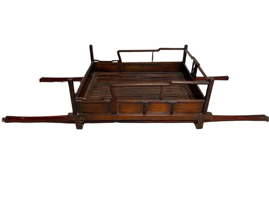 Rare Antique Korean Litter Gama With Slatted Base And Original Poles For Carrying Human - See Photos For Glass Top Used As Coffee Table 41 X 35 (Poles 6'L) [Photo 1]