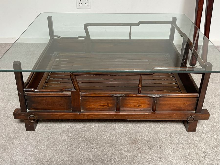 Rare Antique Korean Litter Gama With Slatted Base And Original Poles For Carrying Human - See Photos For Glass Top Used As Coffee Table 41 X 35 (Poles 6'L) [Photo 22]