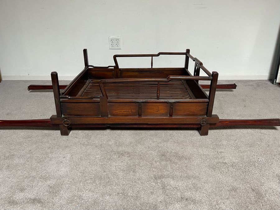 Rare Antique Korean Litter Gama With Slatted Base And Original Poles For Carrying Human - See Photos For Glass Top Used As Coffee Table 41 X 35 (Poles 6'L) [Photo 6]