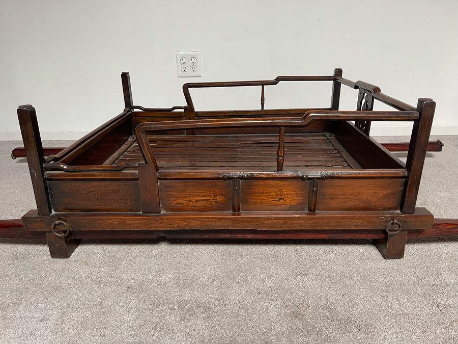 Rare Antique Korean Litter Gama With Slatted Base And Original Poles For Carrying Human - See Photos For Glass Top Used As Coffee Table 41 X 35 (Poles 6'L) [Photo 8]