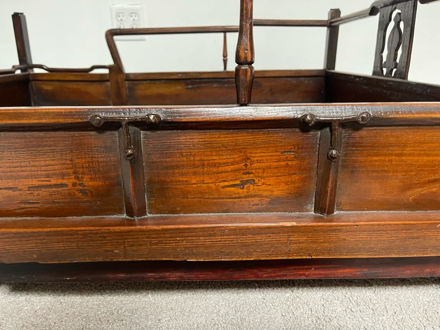 Rare Antique Korean Litter Gama With Slatted Base And Original Poles For Carrying Human - See Photos For Glass Top Used As Coffee Table 41 X 35 (Poles 6'L) [Photo 9]
