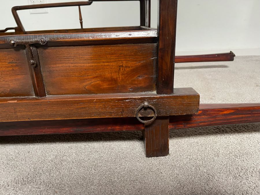 Rare Antique Korean Litter Gama With Slatted Base And Original Poles For Carrying Human - See Photos For Glass Top Used As Coffee Table 41 X 35 (Poles 6'L) [Photo 10]