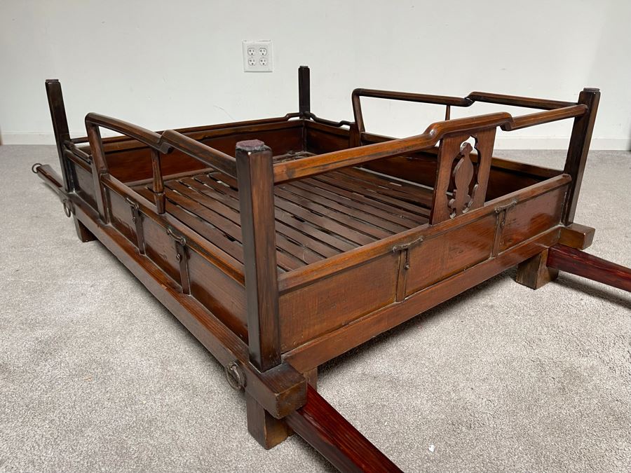 Rare Antique Korean Litter Gama With Slatted Base And Original Poles For Carrying Human - See Photos For Glass Top Used As Coffee Table 41 X 35 (Poles 6'L) [Photo 19]