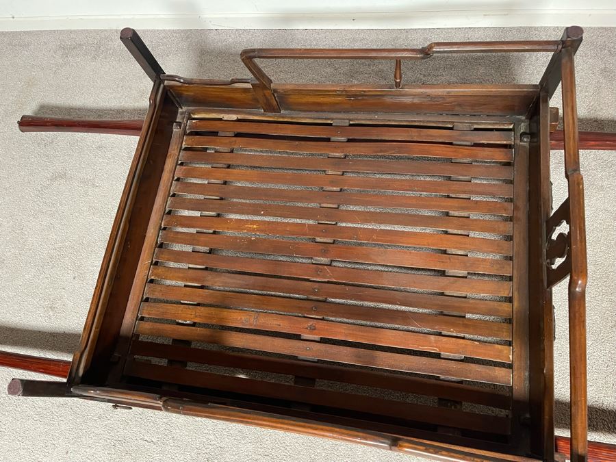 Rare Antique Korean Litter Gama With Slatted Base And Original Poles For Carrying Human - See Photos For Glass Top Used As Coffee Table 41 X 35 (Poles 6'L) [Photo 11]