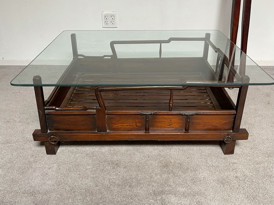 Rare Antique Korean Litter Gama With Slatted Base And Original Poles For Carrying Human - See Photos For Glass Top Used As Coffee Table 41 X 35 (Poles 6'L) [Photo 2]