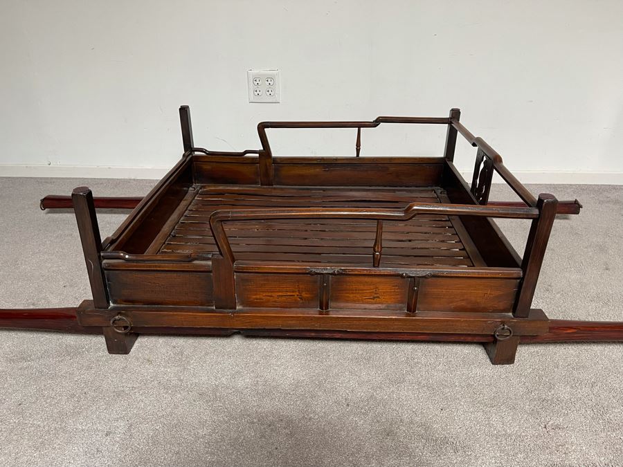 Rare Antique Korean Litter Gama With Slatted Base And Original Poles For Carrying Human - See Photos For Glass Top Used As Coffee Table 41 X 35 (Poles 6'L) [Photo 7]