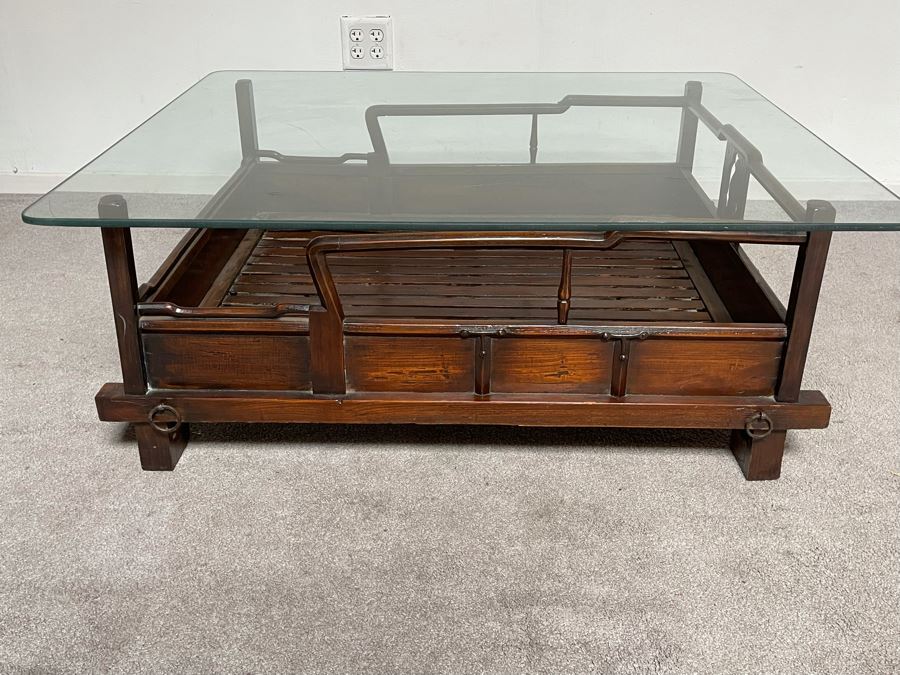 Rare Antique Korean Litter Gama With Slatted Base And Original Poles For Carrying Human - See Photos For Glass Top Used As Coffee Table 41 X 35 (Poles 6'L) [Photo 24]