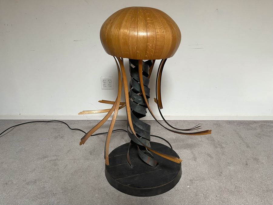 Large One-Of-A-Kind Studio Sculptural Jelly Fish Freestanding Floor Lamp Spring Made Of Wood, Metal And Tequilla Cask Base - Projects Horseshoe On Ceiling 3'W X 40'H [Photo 3]