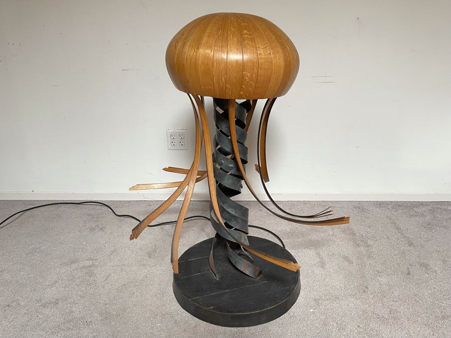 Large One-Of-A-Kind Studio Sculptural Jelly Fish Freestanding Floor Lamp Spring Made Of Wood, Metal And Tequilla Cask Base - Projects Horseshoe On Ceiling 3'W X 40'H [Photo 2]