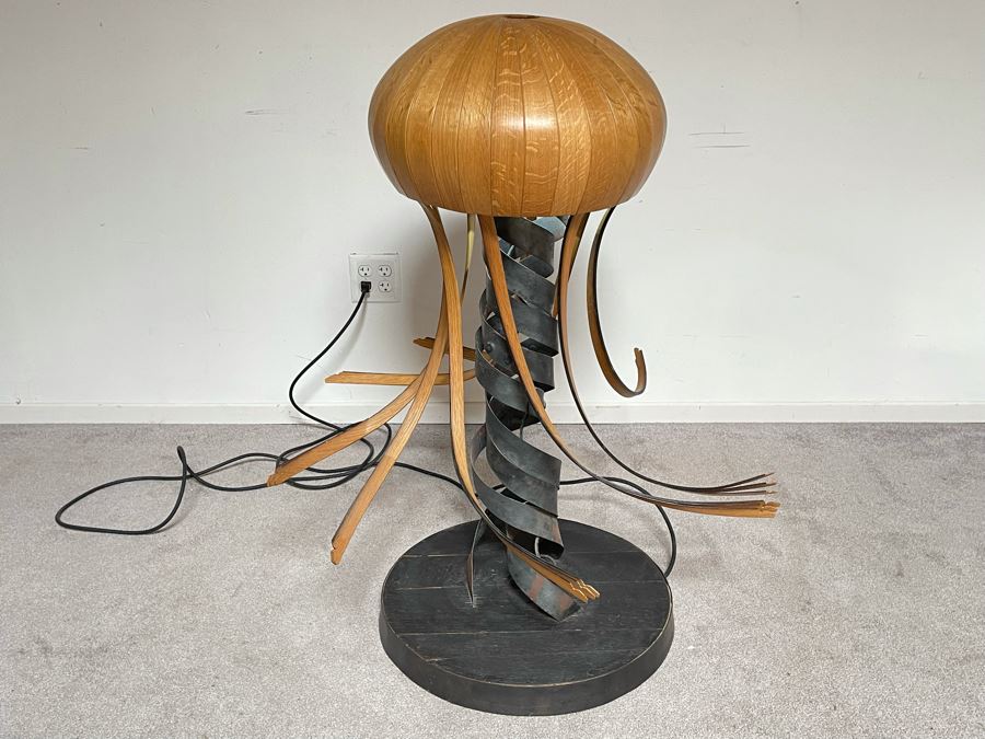 Large One-Of-A-Kind Studio Sculptural Jelly Fish Freestanding Floor Lamp Spring Made Of Wood, Metal And Tequilla Cask Base - Projects Horseshoe On Ceiling 3'W X 40'H [Photo 14]