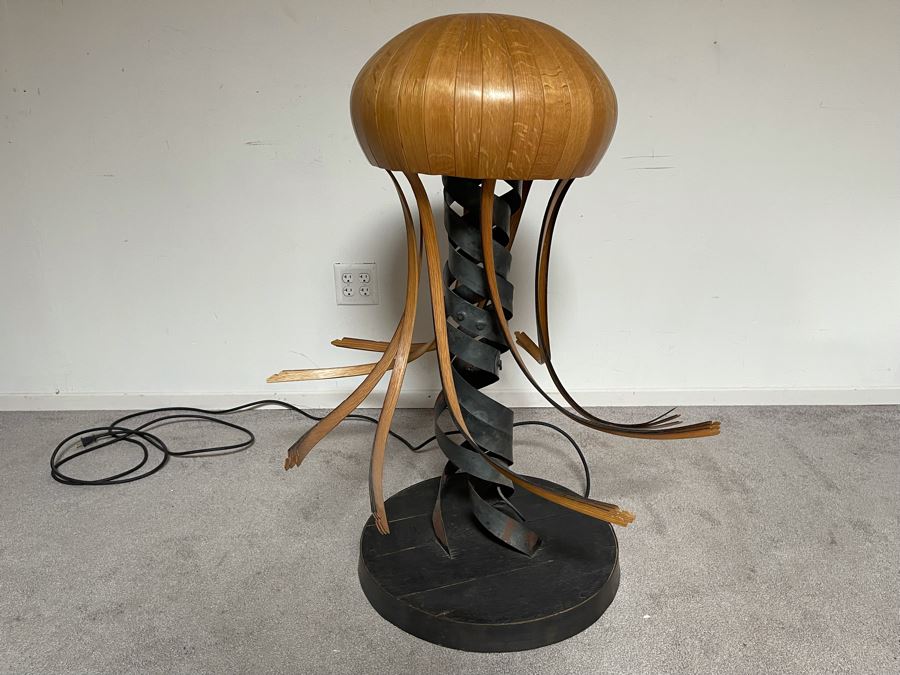 Large One-Of-A-Kind Studio Sculptural Jelly Fish Freestanding Floor Lamp Spring Made Of Wood, Metal And Tequilla Cask Base - Projects Horseshoe On Ceiling 3'W X 40'H [Photo 4]