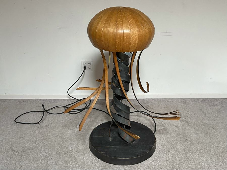 Large One-Of-A-Kind Studio Sculptural Jelly Fish Freestanding Floor Lamp Spring Made Of Wood, Metal And Tequilla Cask Base - Projects Horseshoe On Ceiling 3'W X 40'H [Photo 13]
