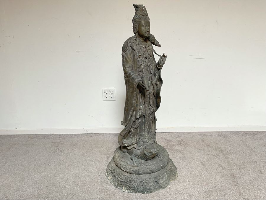 Large 42' Tall Chinese Bronze Standing Guan Yin Buddha Statue Standing On Toad Standing On Lotus Pedestal 19'W X 42'H [Photo 24]