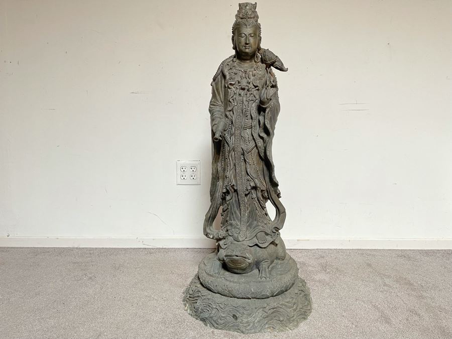 Large 42' Tall Chinese Bronze Standing Guan Yin Buddha Statue Standing On Toad Standing On Lotus Pedestal 19'W X 42'H [Photo 5]