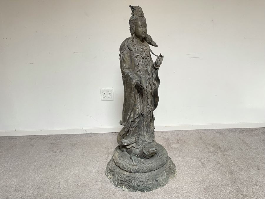 Large 42' Tall Chinese Bronze Standing Guan Yin Buddha Statue Standing On Toad Standing On Lotus Pedestal 19'W X 42'H [Photo 25]