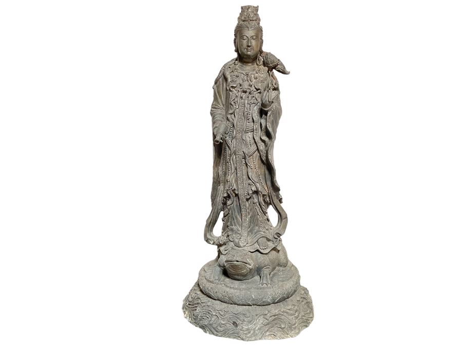 Large 42' Tall Chinese Bronze Standing Guan Yin Buddha Statue Standing On Toad Standing On Lotus Pedestal 19'W X 42'H