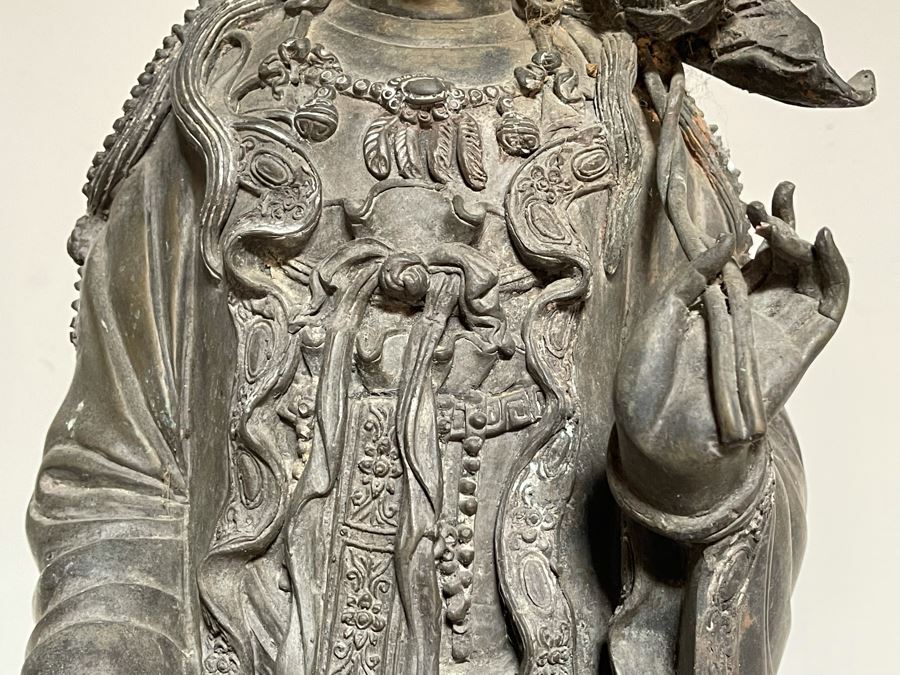 Large 42' Tall Chinese Bronze Standing Guan Yin Buddha Statue Standing On Toad Standing On Lotus Pedestal 19'W X 42'H [Photo 15]