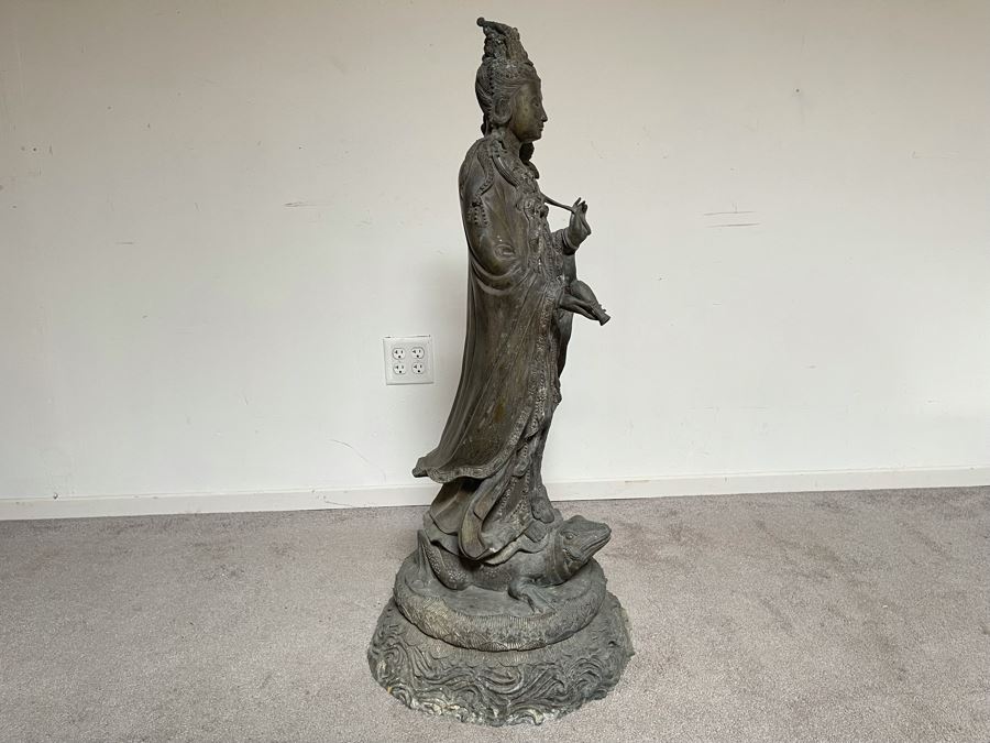 Large 42' Tall Chinese Bronze Standing Guan Yin Buddha Statue Standing On Toad Standing On Lotus Pedestal 19'W X 42'H [Photo 27]