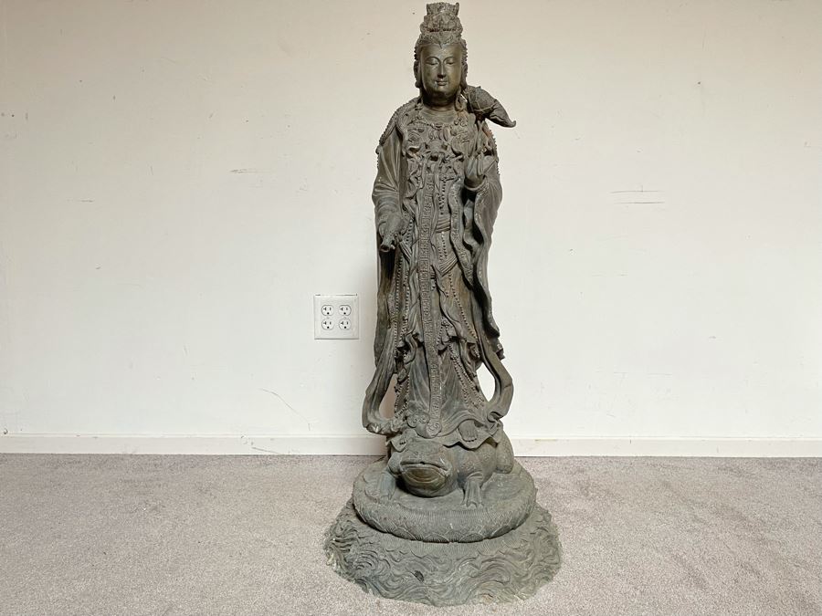 Large 42' Tall Chinese Bronze Standing Guan Yin Buddha Statue Standing On Toad Standing On Lotus Pedestal 19'W X 42'H [Photo 3]
