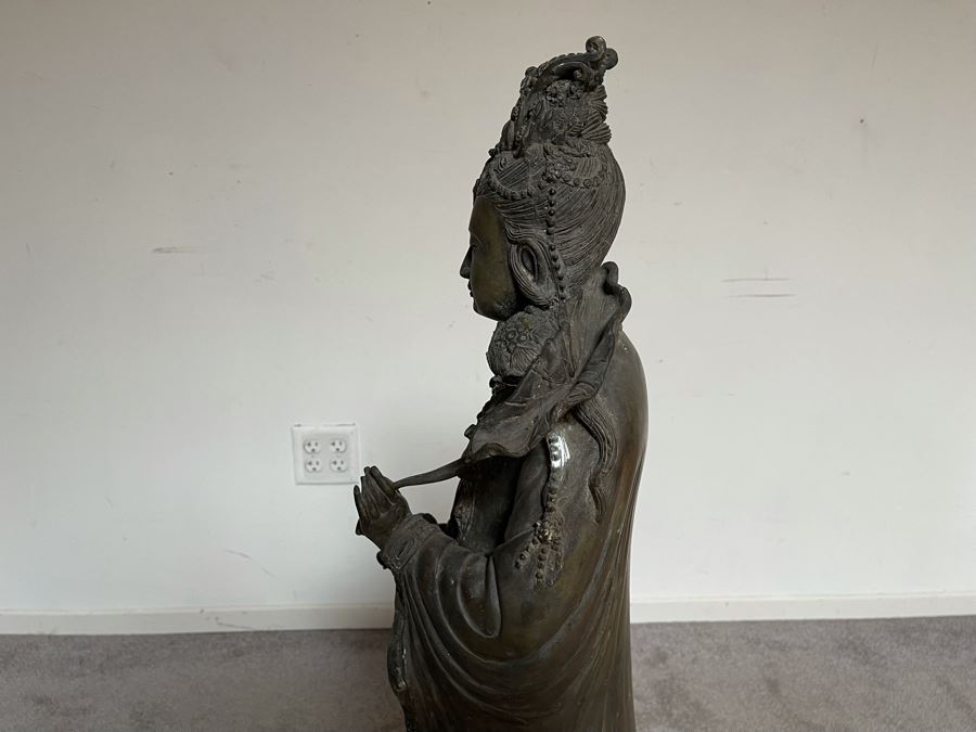 Large 42' Tall Chinese Bronze Standing Guan Yin Buddha Statue Standing On Toad Standing On Lotus Pedestal 19'W X 42'H [Photo 35]