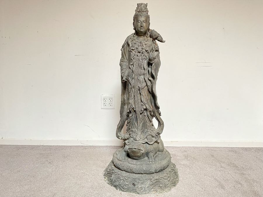 Large 42' Tall Chinese Bronze Standing Guan Yin Buddha Statue Standing On Toad Standing On Lotus Pedestal 19'W X 42'H [Photo 2]