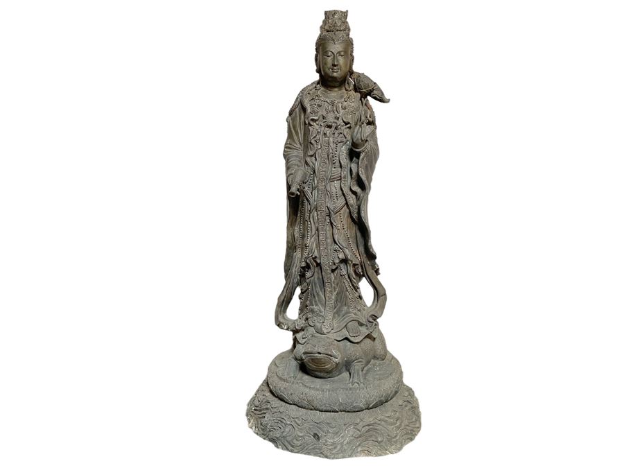 Large 42' Tall Chinese Bronze Standing Guan Yin Buddha Statue Standing On Toad Standing On Lotus Pedestal 19'W X 42'H [Photo 38]