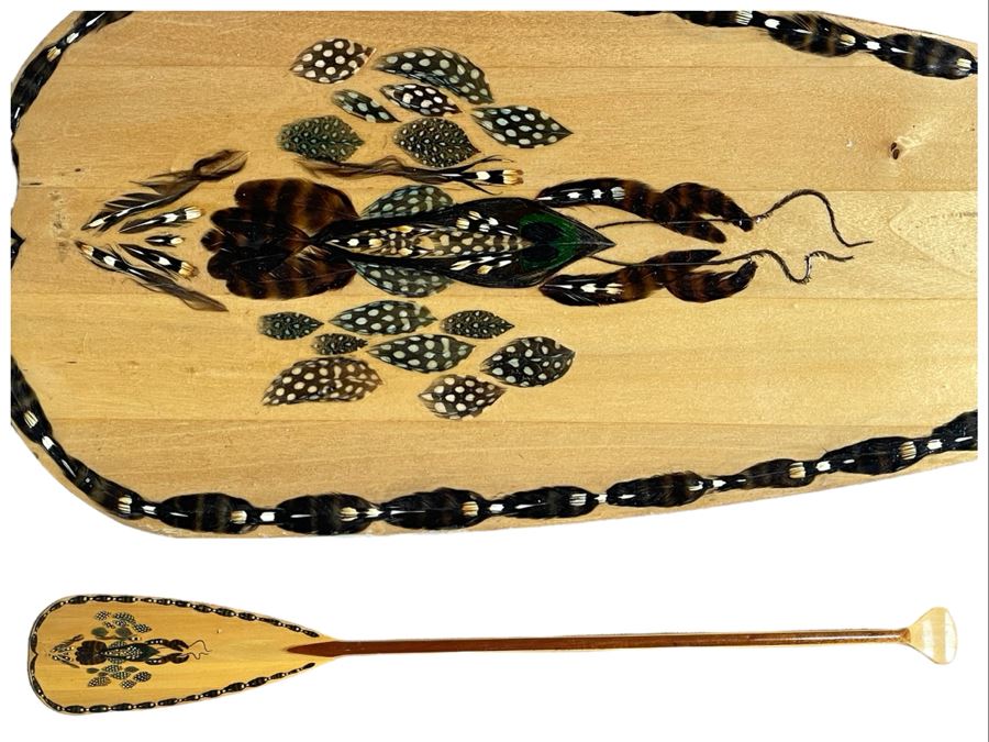5' Wooden Oar With Handcrafted Feather Design [Photo 1]