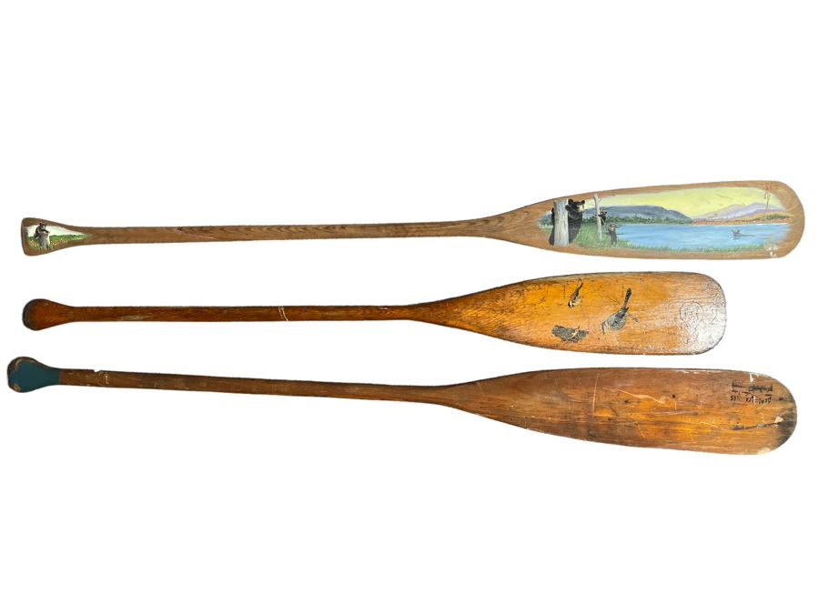 (3) Vintage Wooden Oars Paddles Including One Hand Painted Oar By Lampella 5'L And 4.5'L [Photo 1]