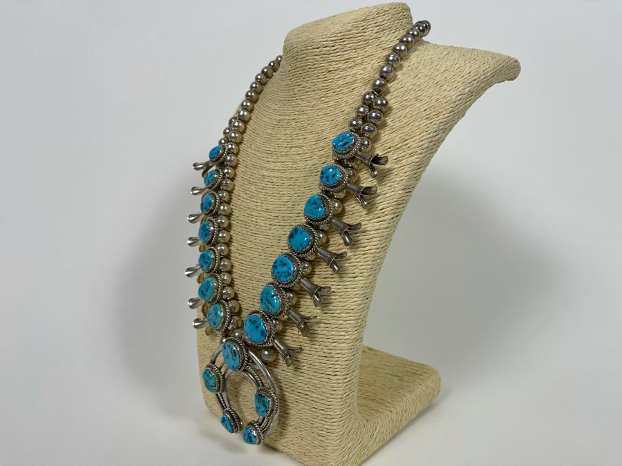 Vintage Native American Squash Blossom Necklace Sterling Silver Turquoise Signed LK Lucian Koinva Hopi 198.3g [Photo 9]