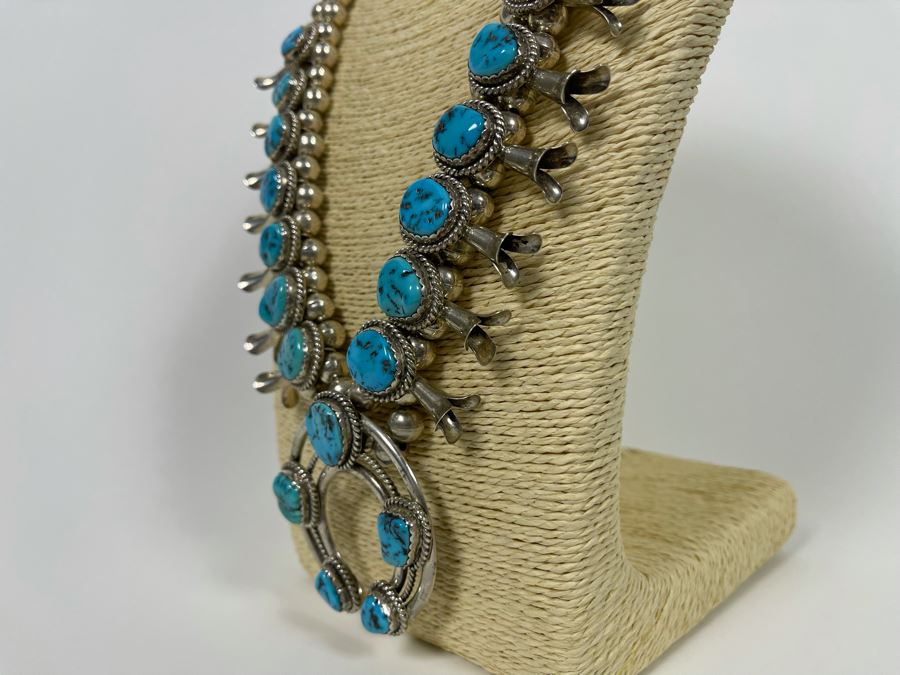 Vintage Native American Squash Blossom Necklace Sterling Silver Turquoise Signed LK Lucian Koinva Hopi 198.3g [Photo 10]